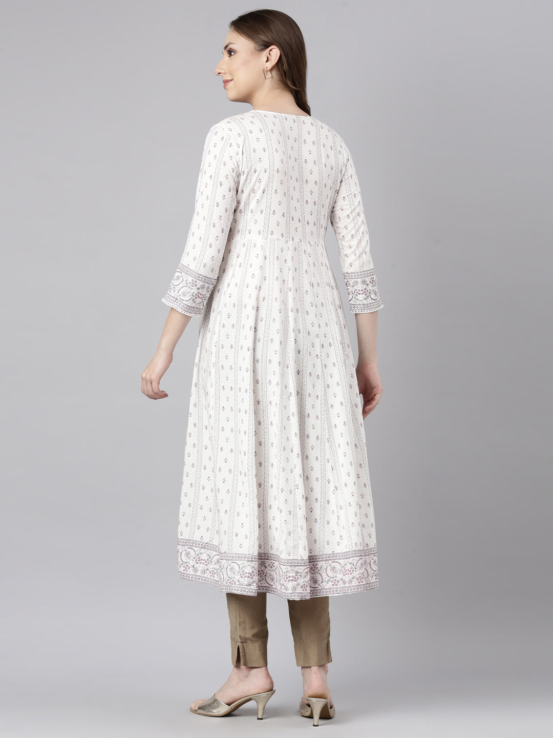 Neerus White Regular Anarkali Floral Kurtas