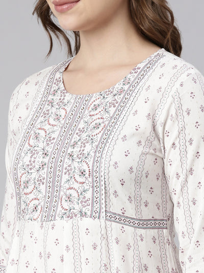 Neerus White Regular Anarkali Floral Kurtas