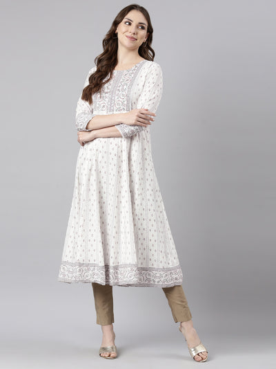 Neerus White Regular Anarkali Floral Kurtas