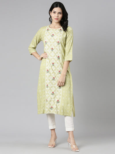 Neeru's Green Regular Straight Printed Kurtas