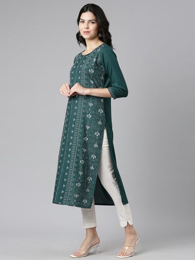 Neeru's Green Regular Straight Printed Kurtas