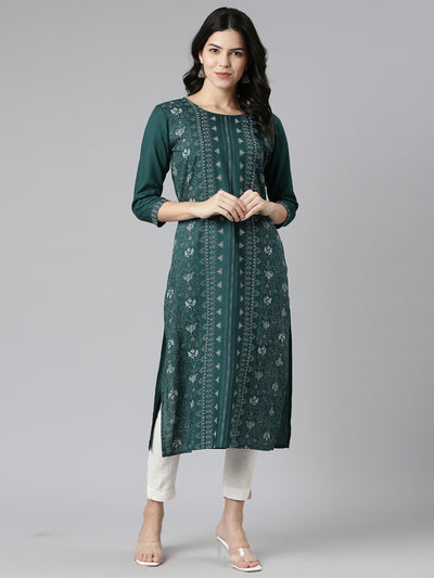 Neeru's Green Regular Straight Printed Kurtas