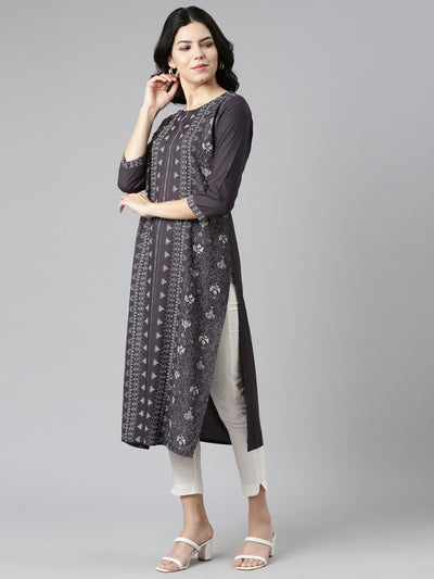 Neeru's Grey Regular Straight Printed Kurtas