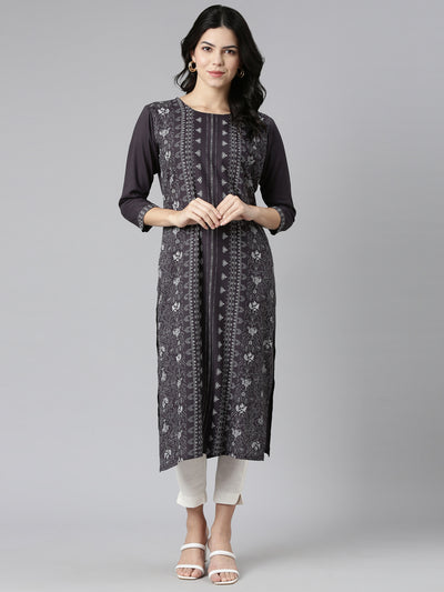 Neeru's Grey Regular Straight Printed Kurtas