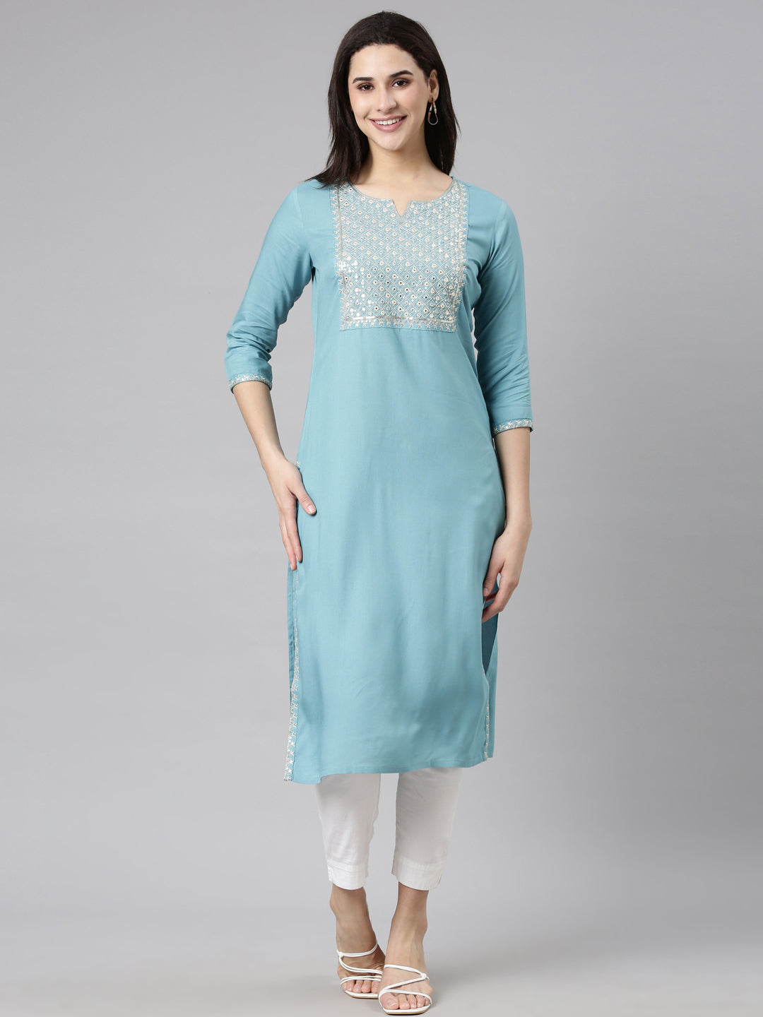 Neerus Blue Panelled Straight Solid Kurtas