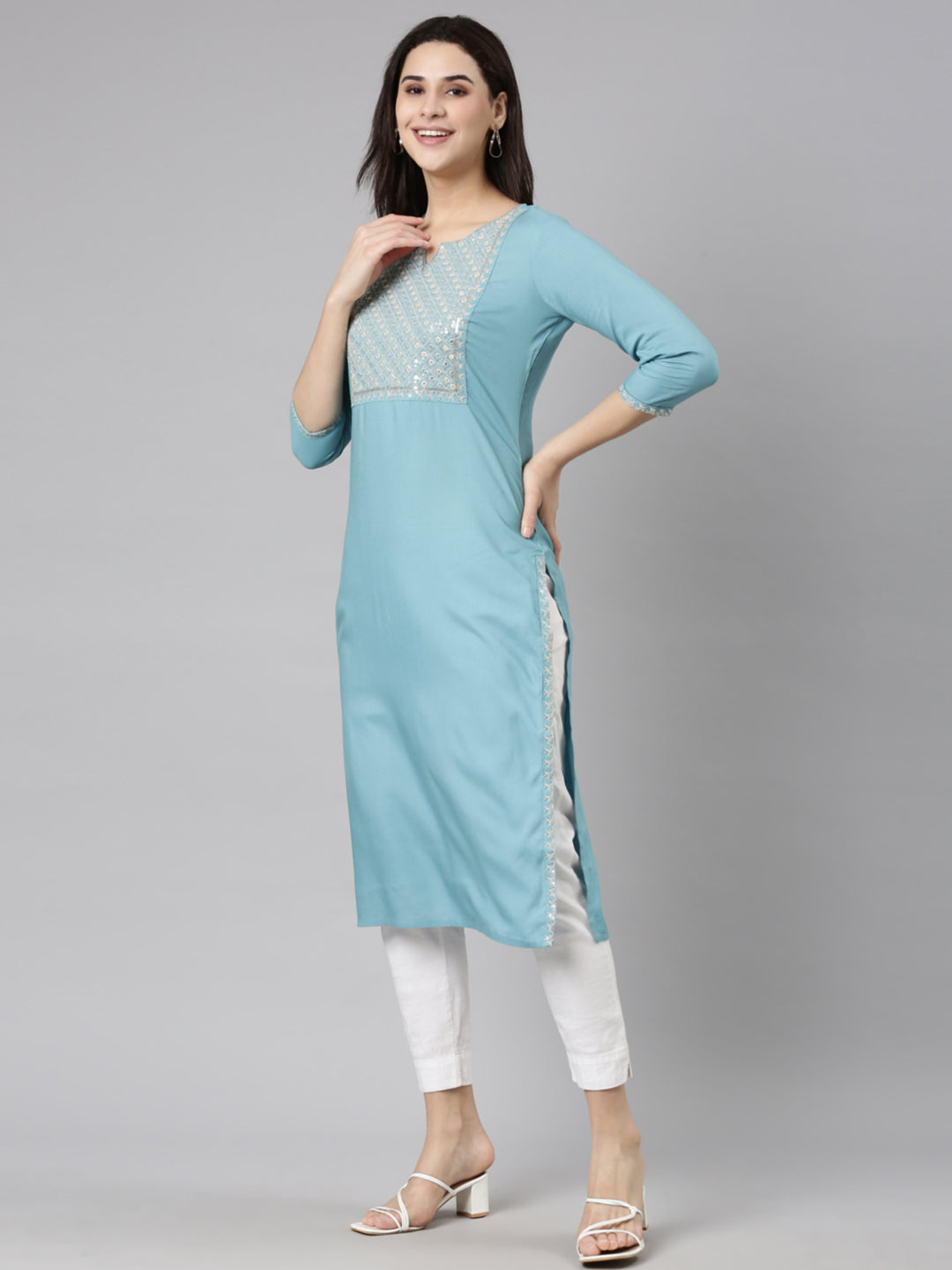 Neerus Blue Panelled Straight Solid Kurtas