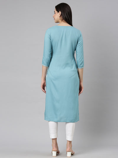 Neerus Blue Panelled Straight Solid Kurtas