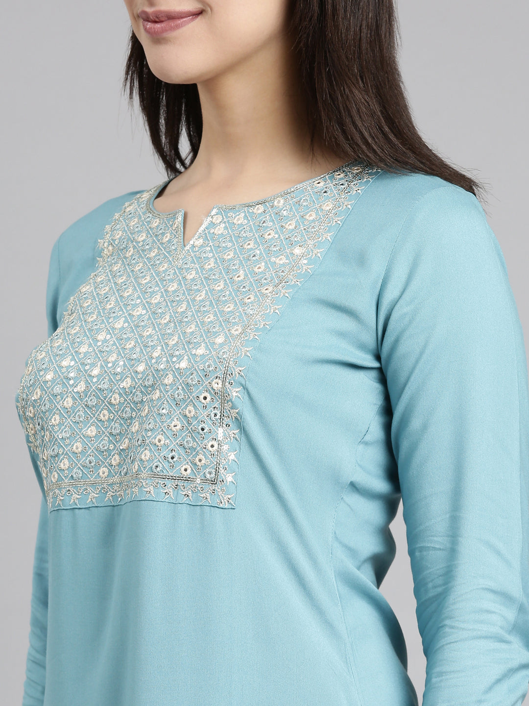 Neerus Blue Panelled Straight Solid Kurtas