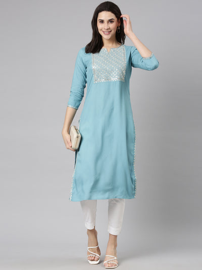 Neerus Blue Panelled Straight Solid Kurtas