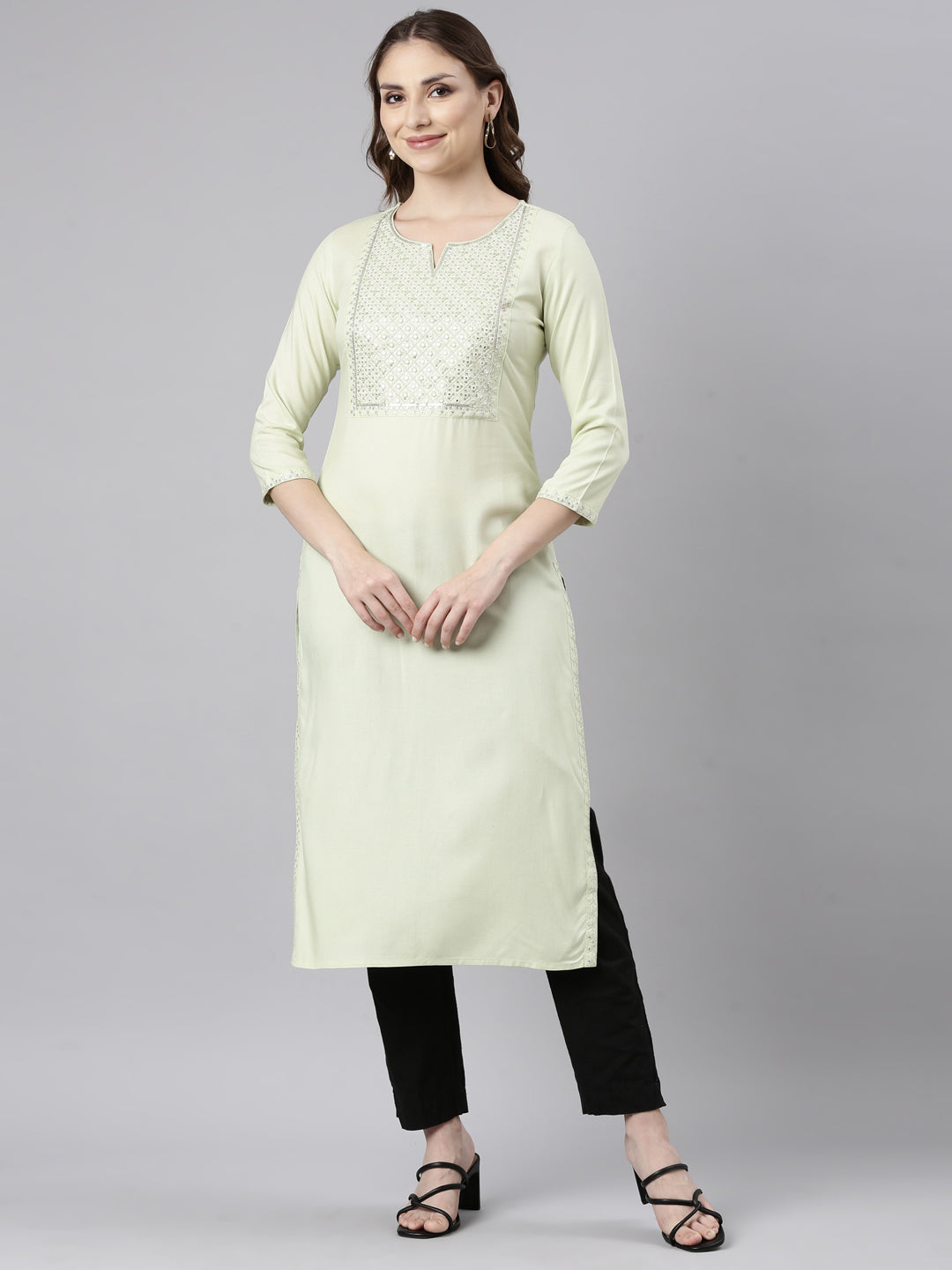 Neerus Lime Green Panelled Straight Solid Kurtas