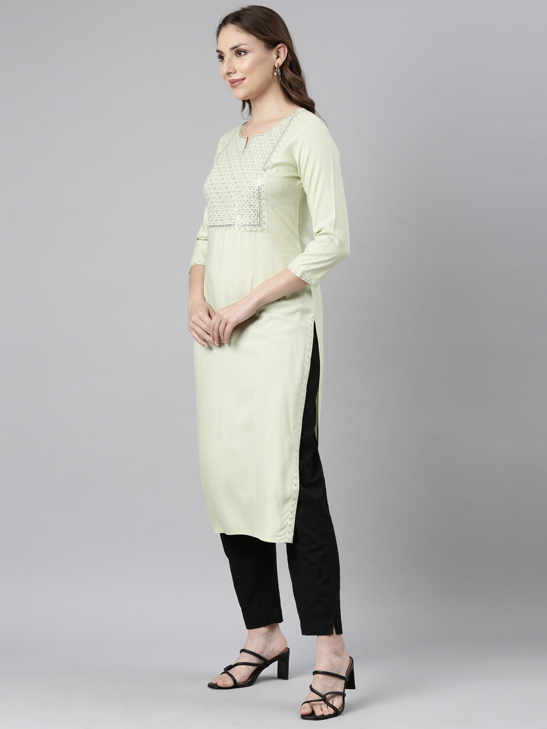 Neerus Lime Green Panelled Straight Solid Kurtas