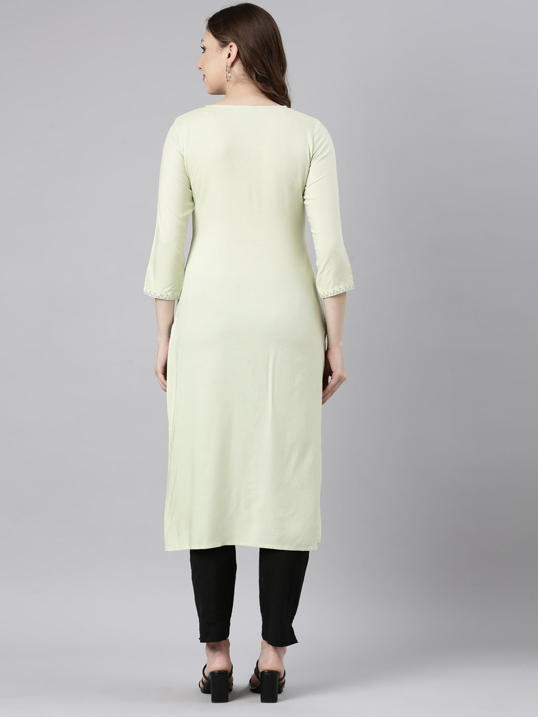 Neerus Lime Green Panelled Straight Solid Kurtas