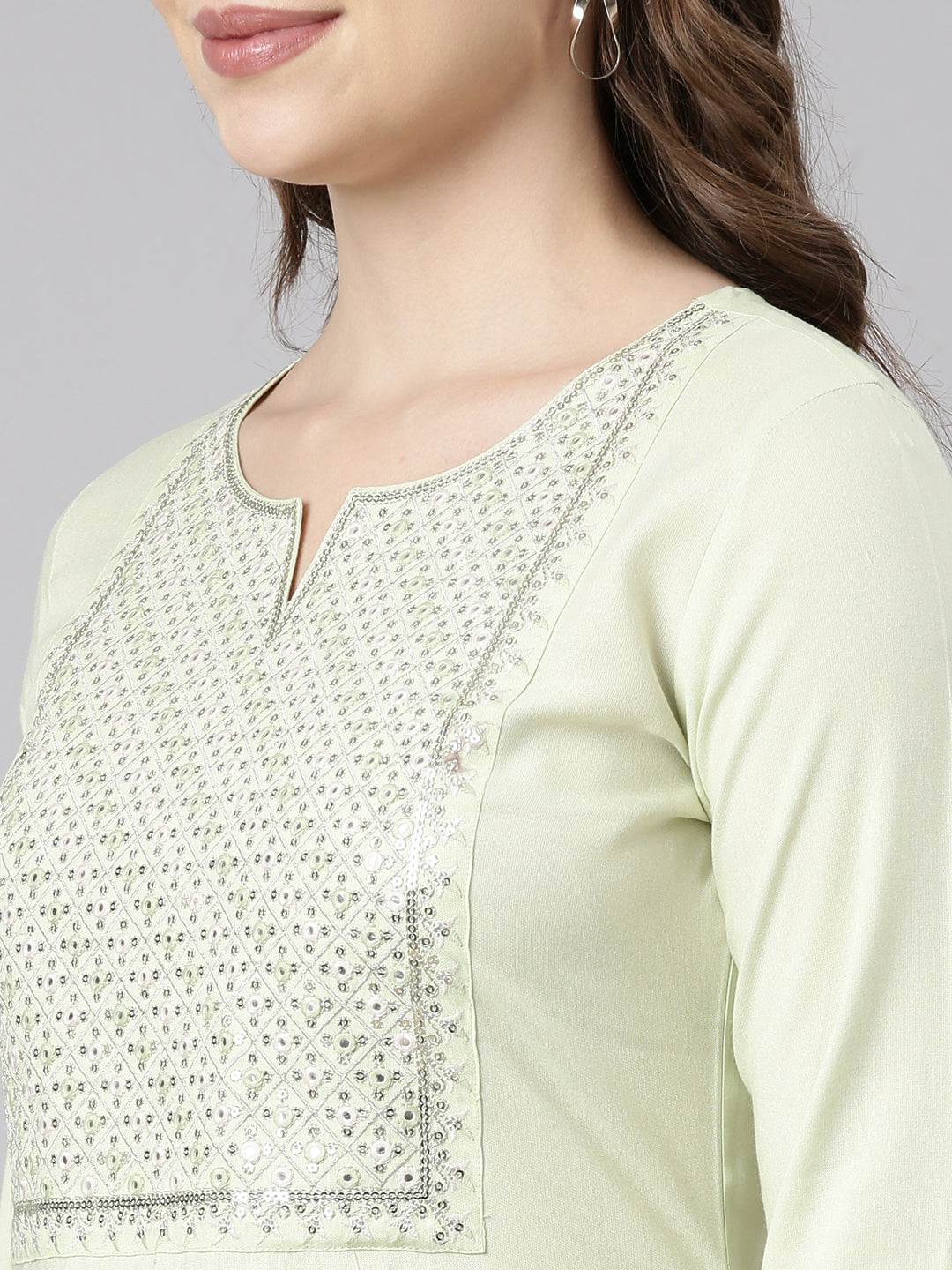 Neerus Lime Green Panelled Straight Solid Kurtas