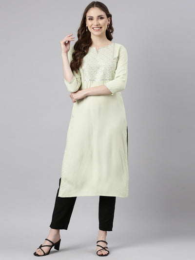 Neerus Lime Green Panelled Straight Solid Kurtas