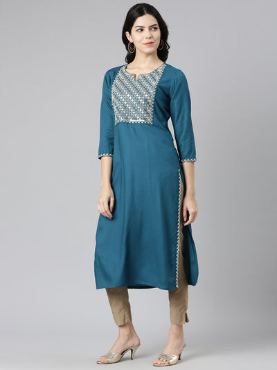 Neeru's Green Regular Straight Solid Kurtas