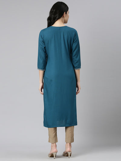 Neeru's Green Regular Straight Solid Kurtas