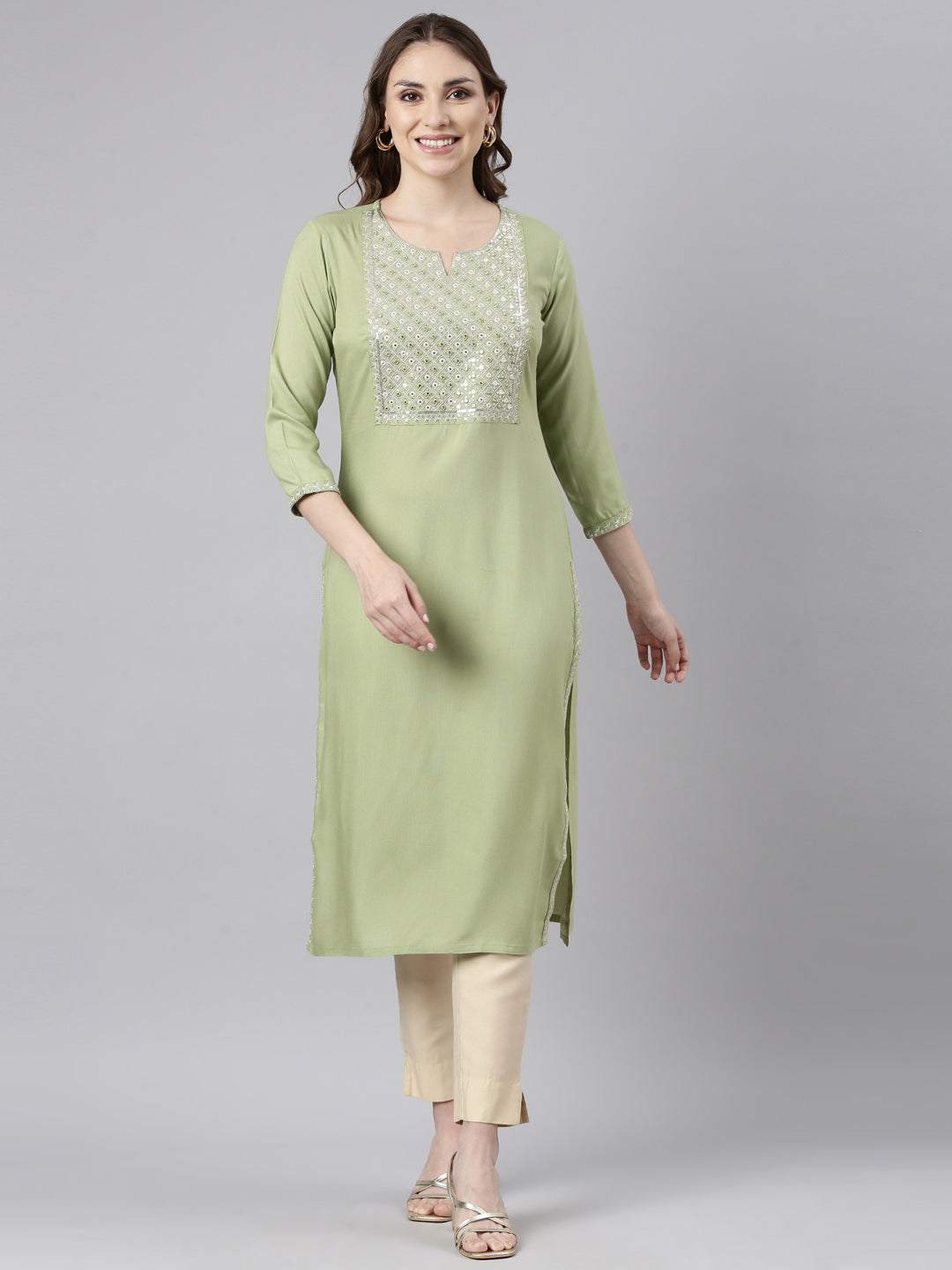 Neerus Green Panelled Straight Solid Kurtas