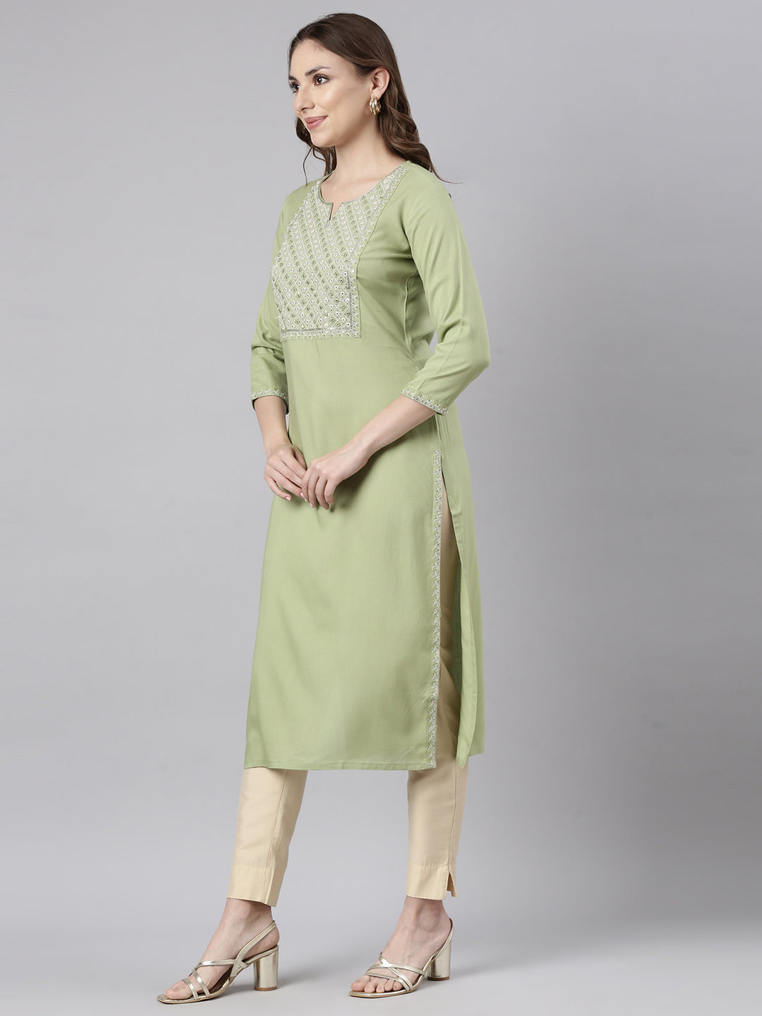 Neerus Green Panelled Straight Solid Kurtas