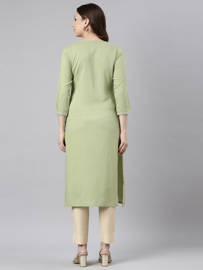 Neerus Green Panelled Straight Solid Kurtas