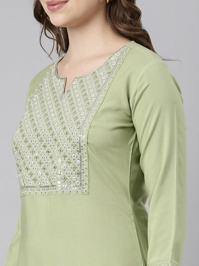 Neerus Green Panelled Straight Solid Kurtas