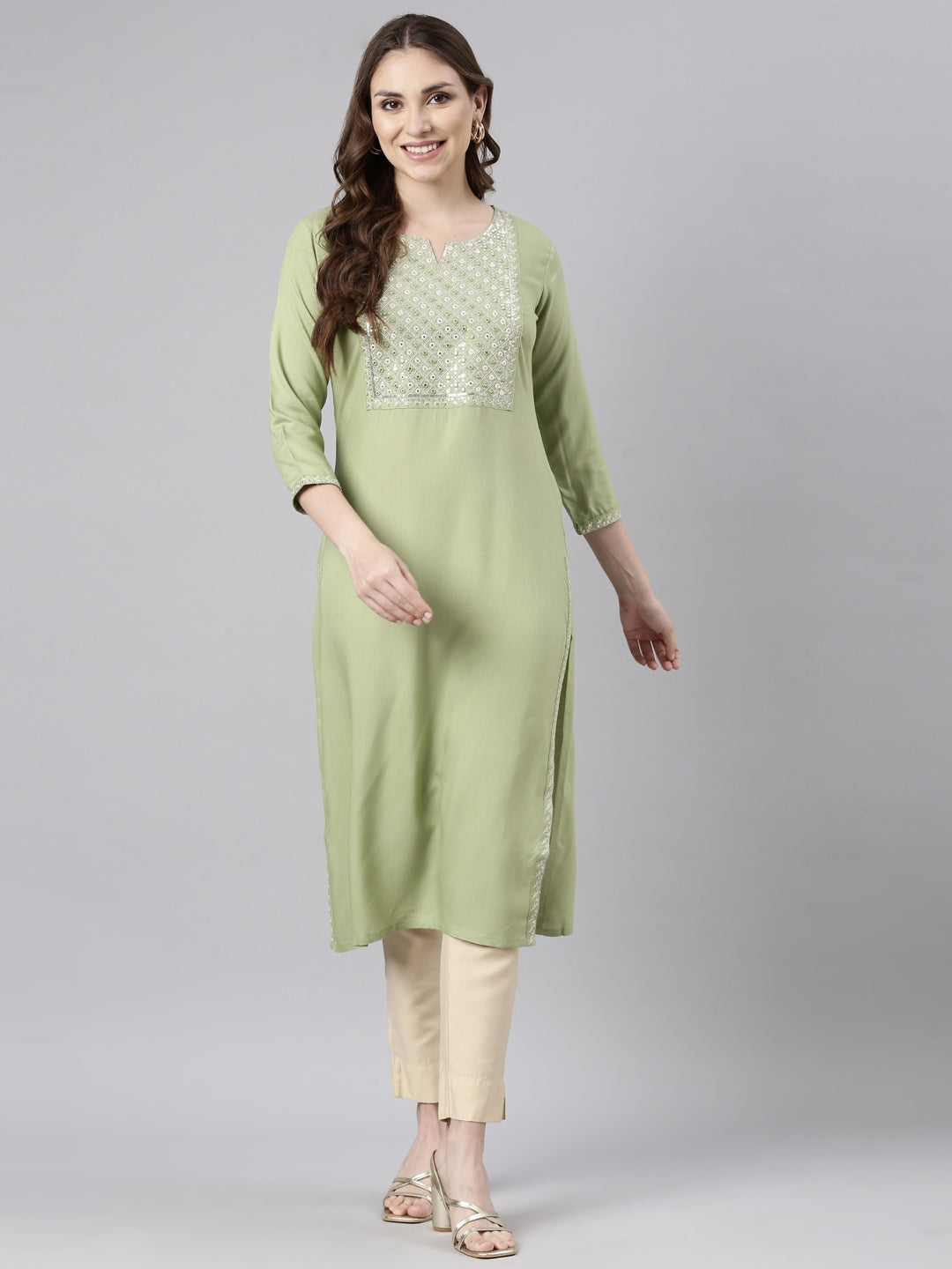 Neerus Green Panelled Straight Solid Kurtas