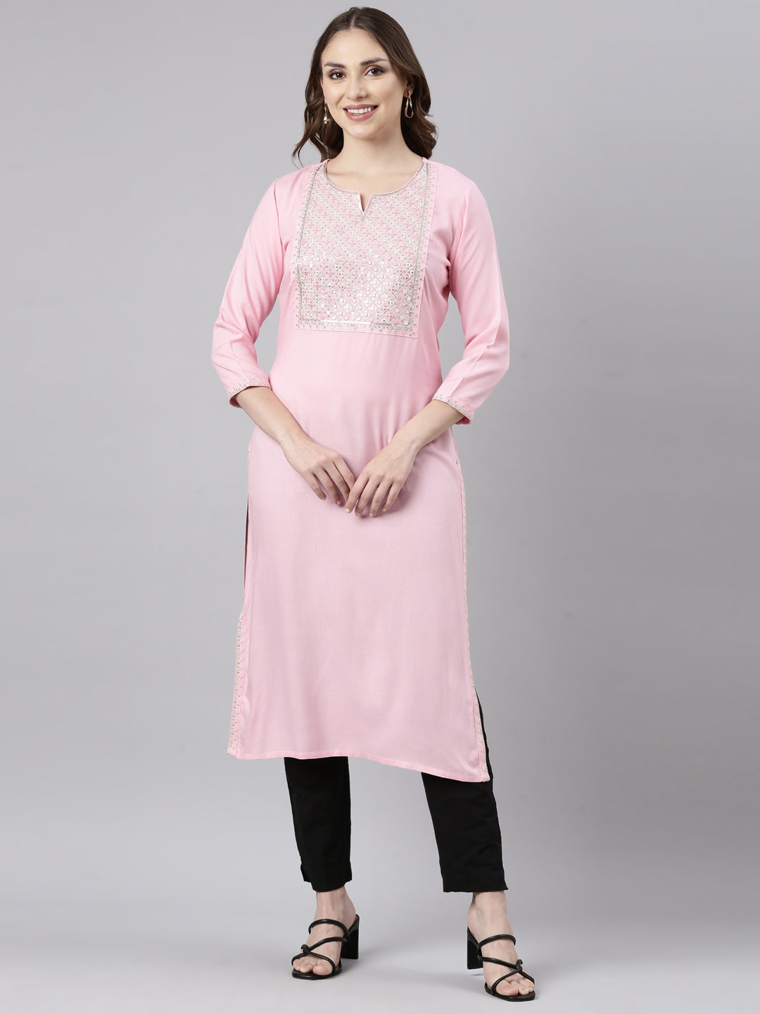 Neerus Pink Panelled Straight Solid Kurtas