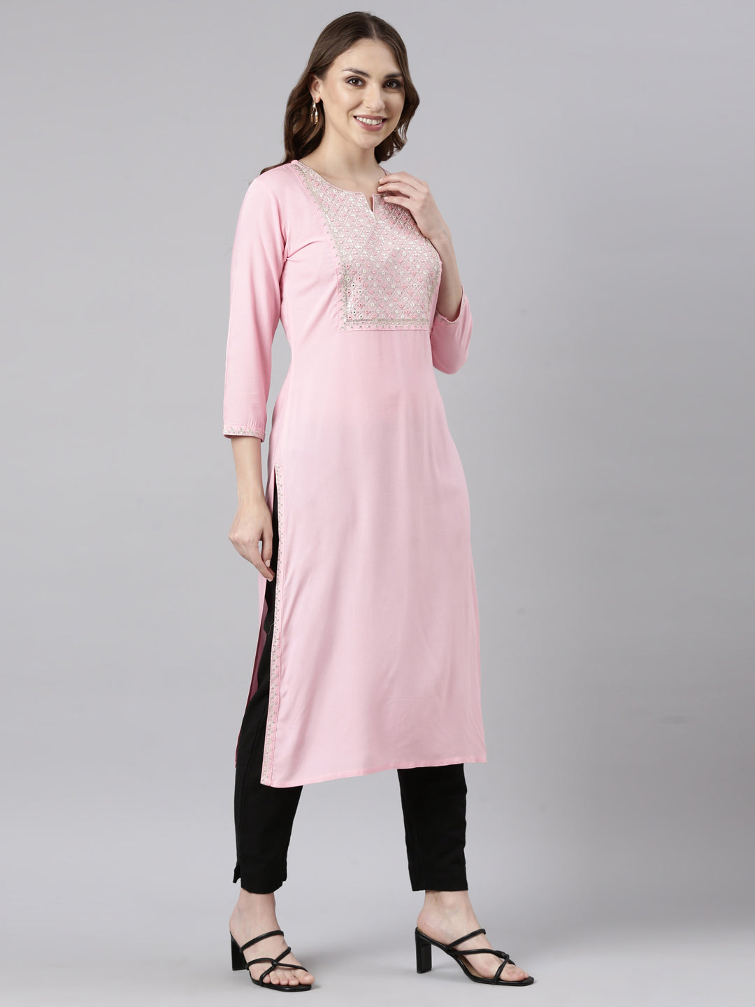 Neerus Pink Panelled Straight Solid Kurtas