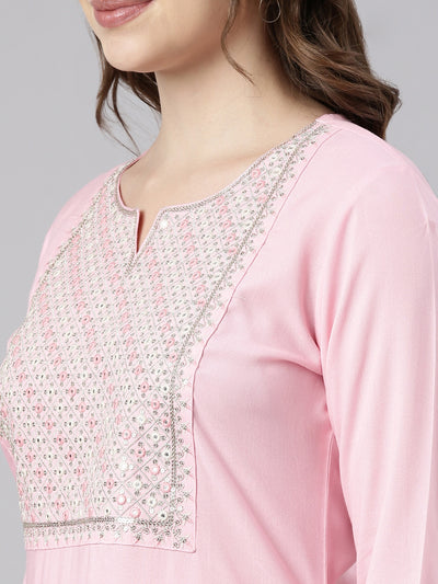 Neerus Pink Panelled Straight Solid Kurtas