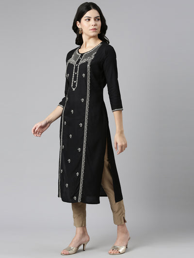 Neeru's Black Regular Straight Embroidered Kurtas