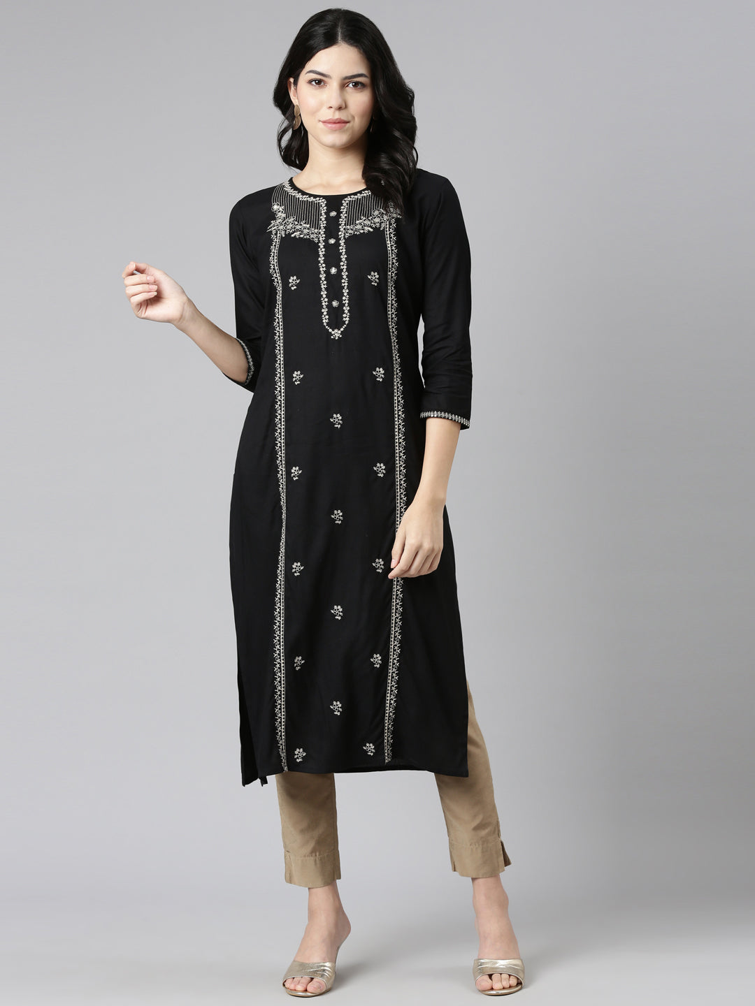 Neeru's Black Regular Straight Embroidered Kurtas