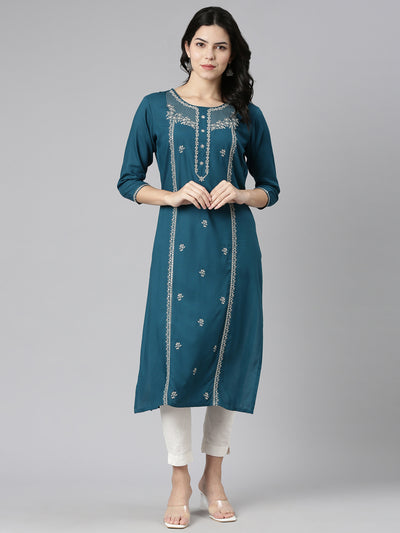 Neeru's Green Regular Straight Embroidered Kurtas