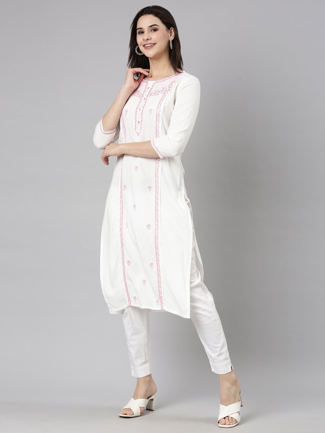 Neerus Pink Regular Straight Floral Kurtas