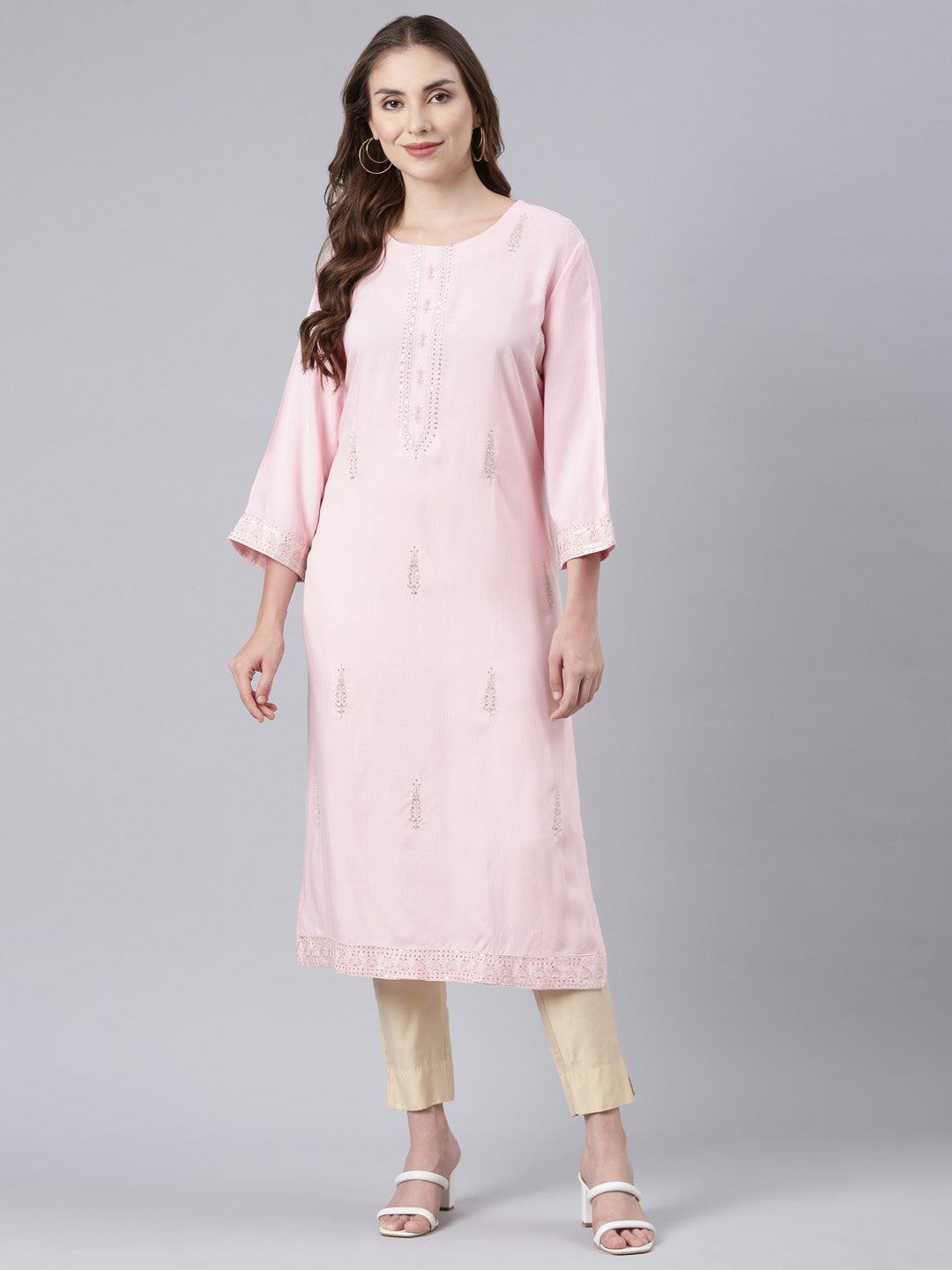 Neerus Pink Panelled Straight Floral Kurtas