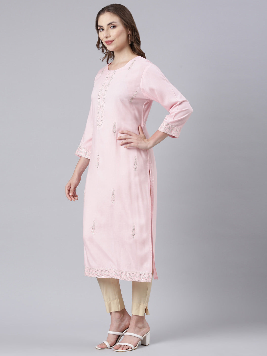 Neerus Pink Panelled Straight Floral Kurtas