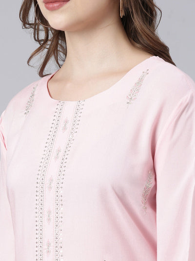 Neerus Pink Panelled Straight Floral Kurtas