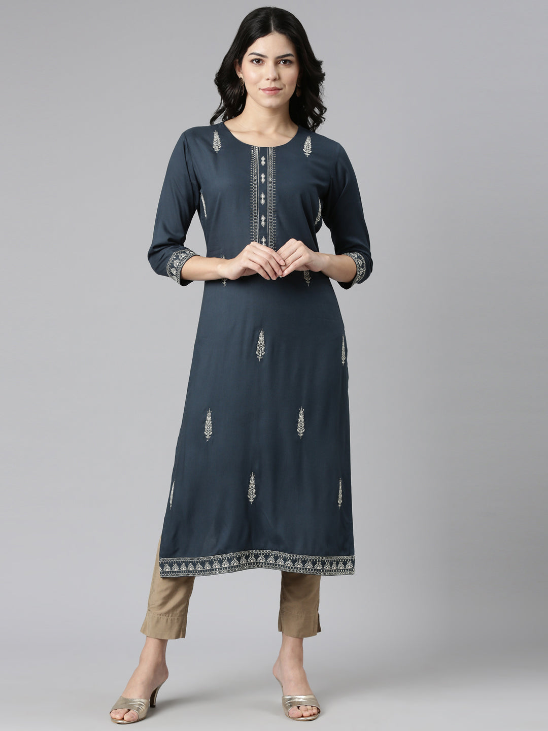 Neeru's Blue Regular Straight Embroidered Kurtas