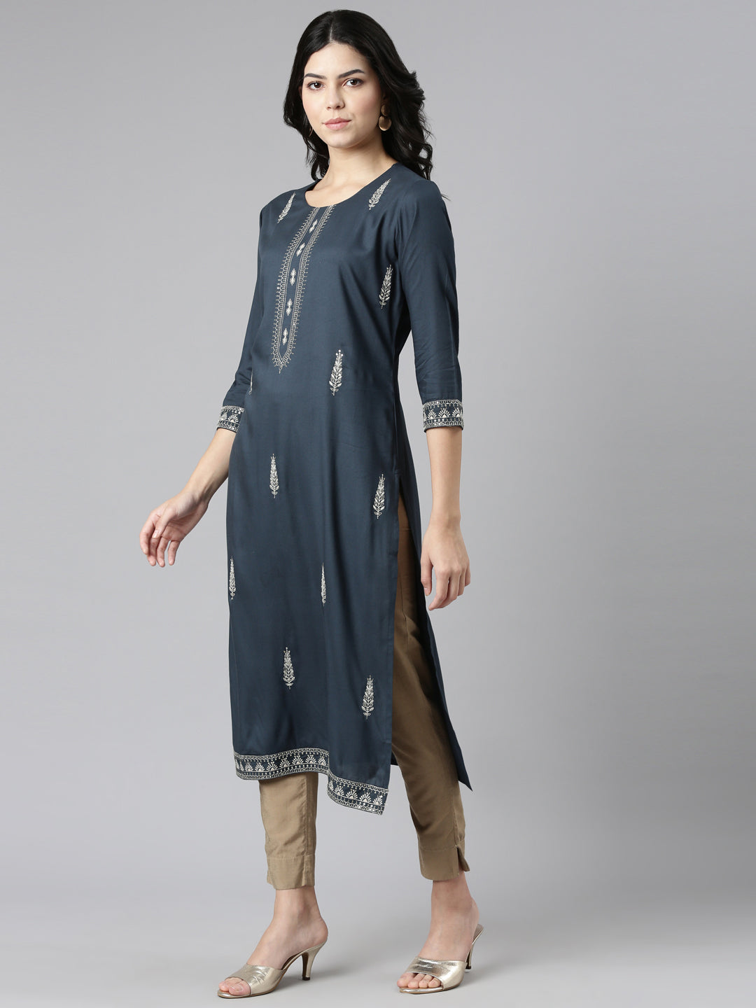 Neeru's Blue Regular Straight Embroidered Kurtas