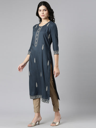 Neeru's Blue Regular Straight Embroidered Kurtas