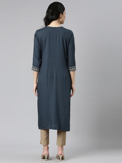 Neeru's Blue Regular Straight Embroidered Kurtas