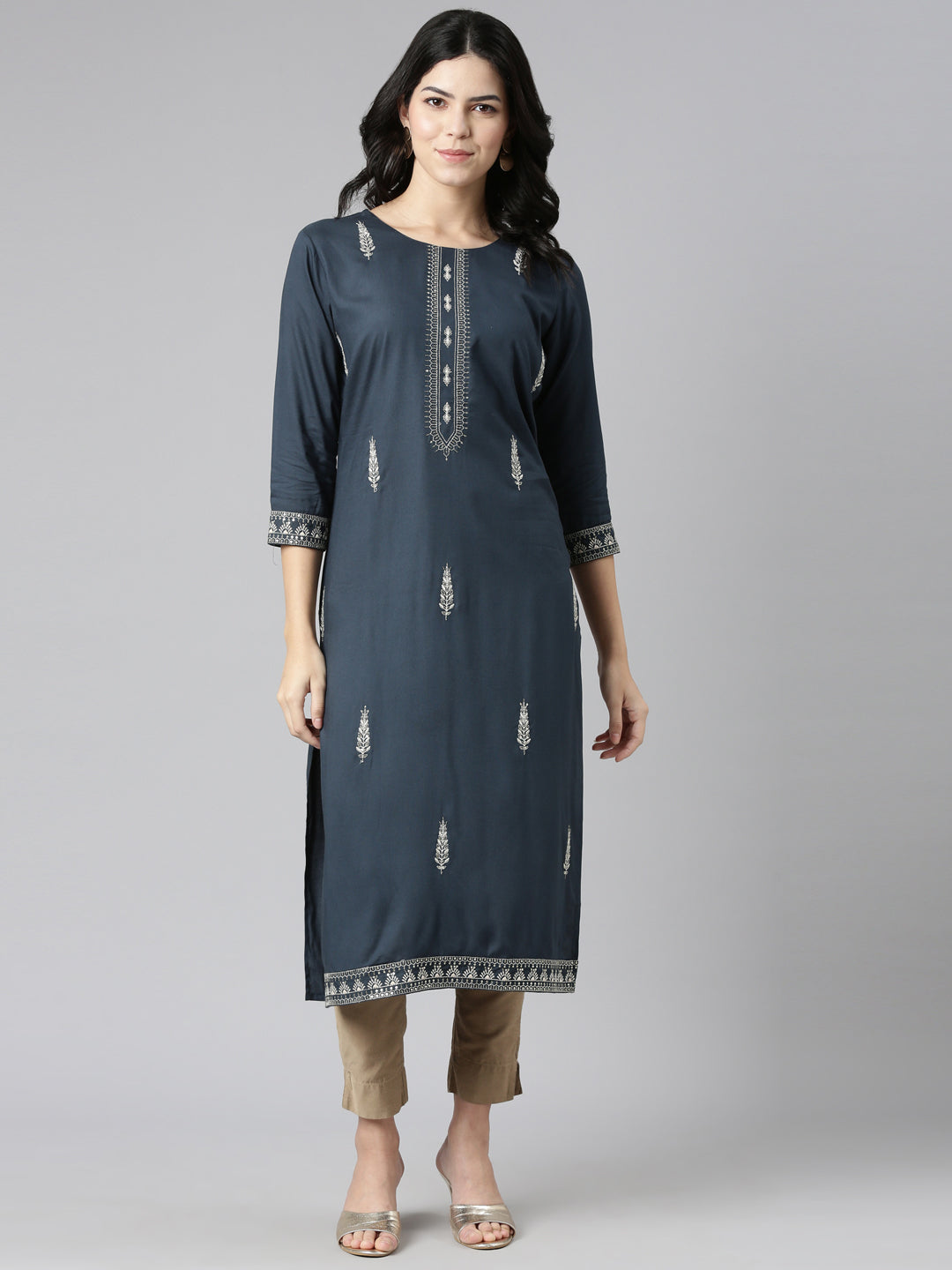 Neeru's Blue Regular Straight Embroidered Kurtas