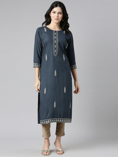 Neeru's Blue Regular Straight Embroidered Kurtas