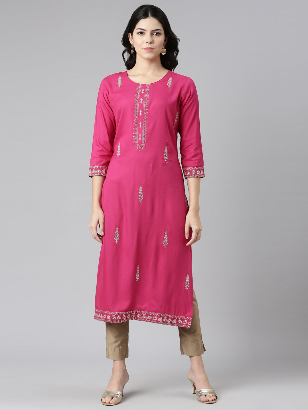 Neeru's Pink Regular Straight Embroidered Kurtas