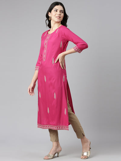 Neeru's Pink Regular Straight Embroidered Kurtas