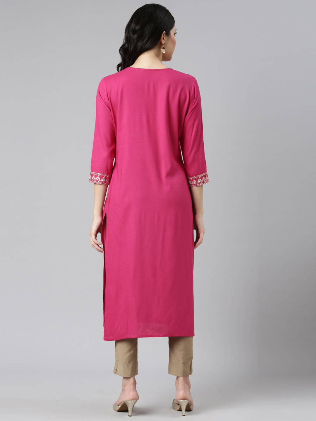 Neeru's Pink Regular Straight Embroidered Kurtas