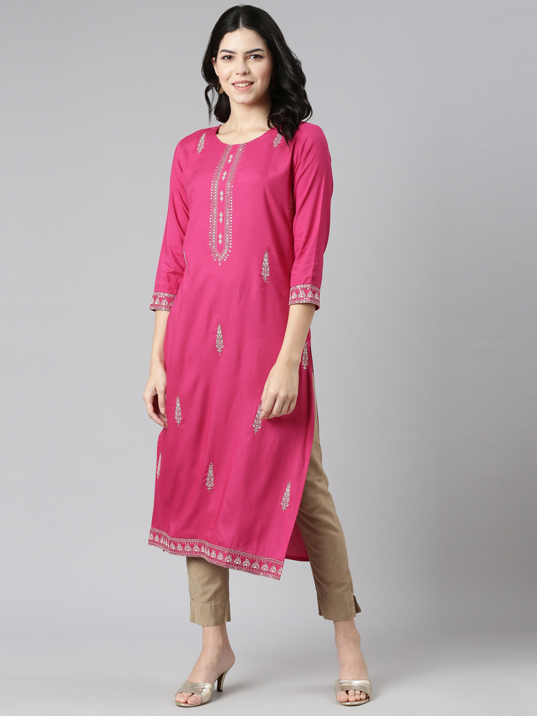 Neeru's Pink Regular Straight Embroidered Kurtas