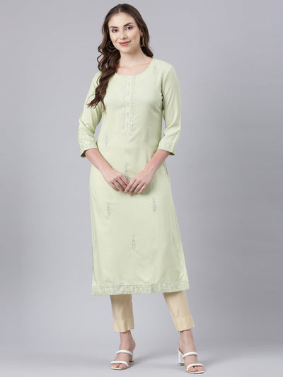 Neerus Green Panelled Straight Floral Kurtas