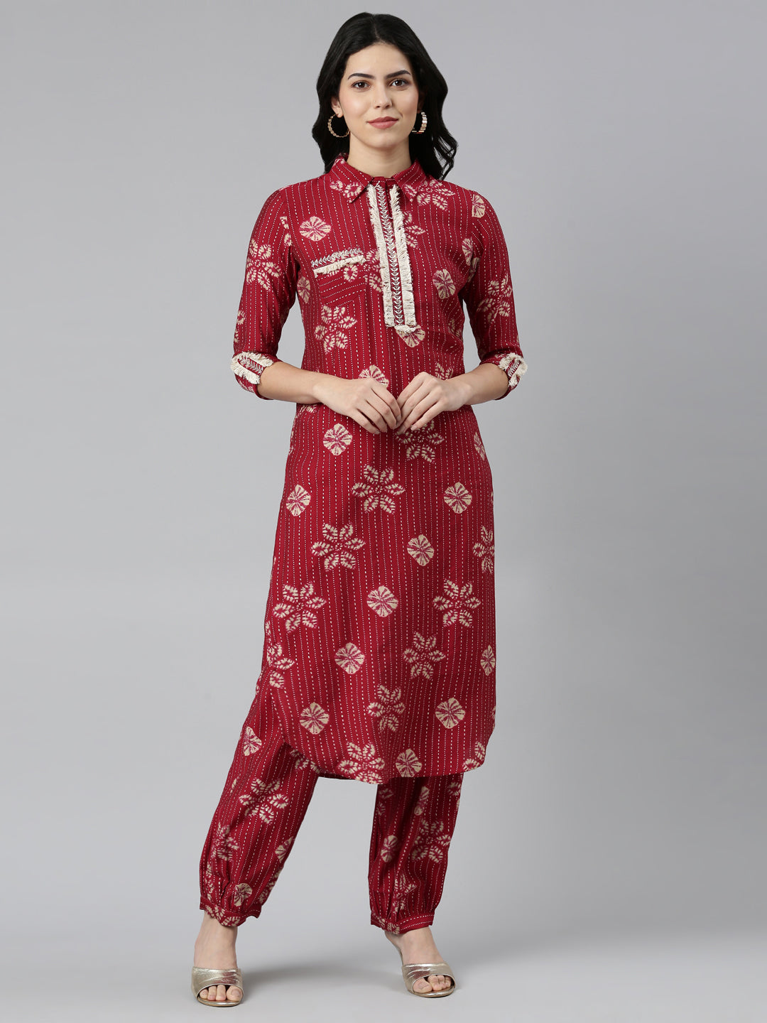 Neeru's Maroon Regular Straight Printed Kurta And Salwar