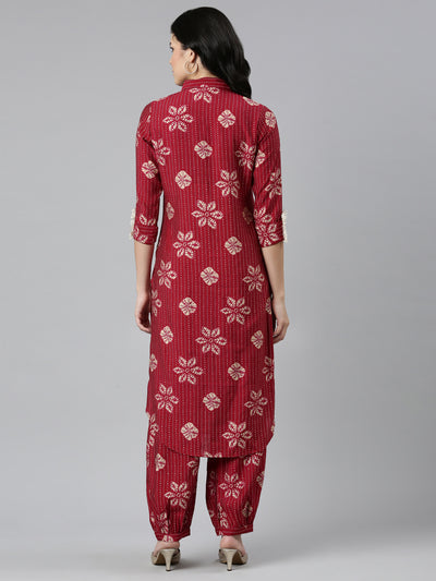 Neeru's Maroon Regular Straight Printed Kurta And Salwar