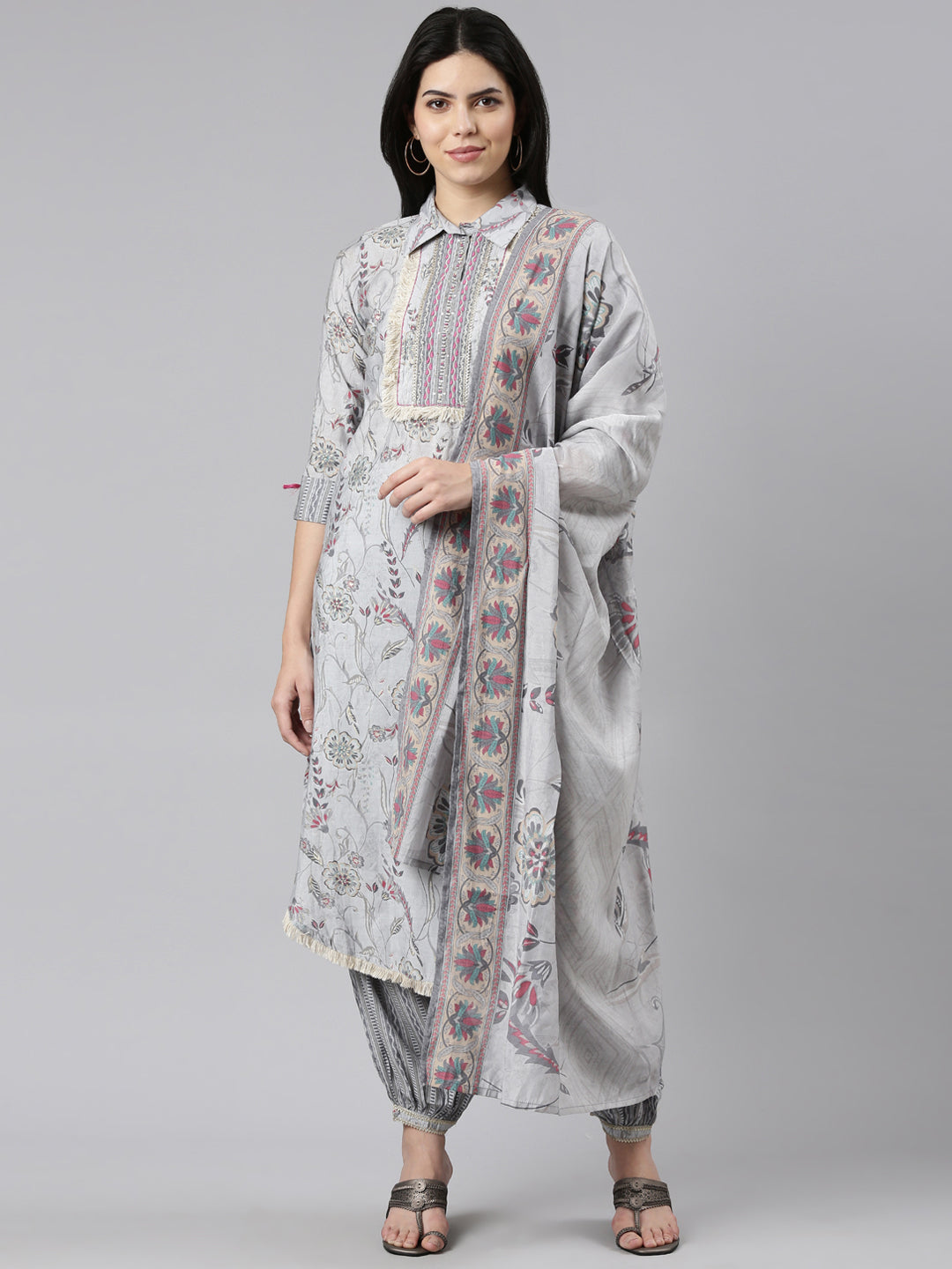 Neeru's Grey Regular Straight Printed Kurta And Salwar With Dupatta