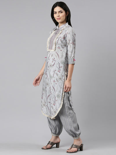 Neeru's Grey Regular Straight Printed Kurta And Salwar With Dupatta